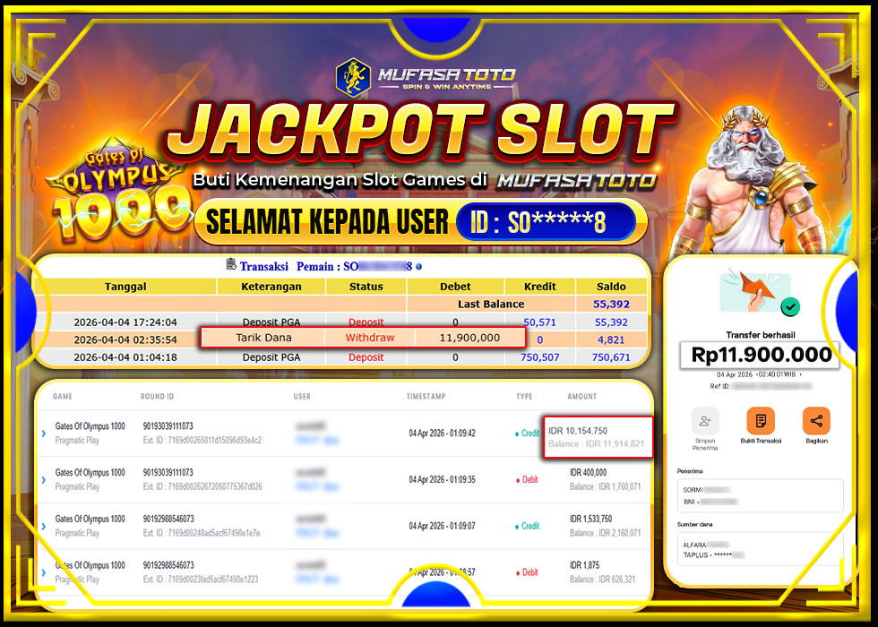 MUFASATOTO JACKPOT PRAGMATIC PLAY Rp 11.900.000 | LUNAS